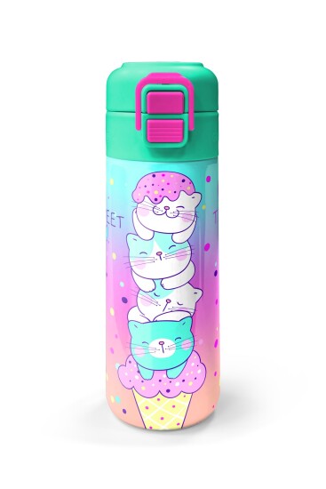 Coral High Kids Renkli Dondurmalı Kedi Desenli Pipetli ve Direkt İçim Çelik Termos 500 ml 31812 - 4