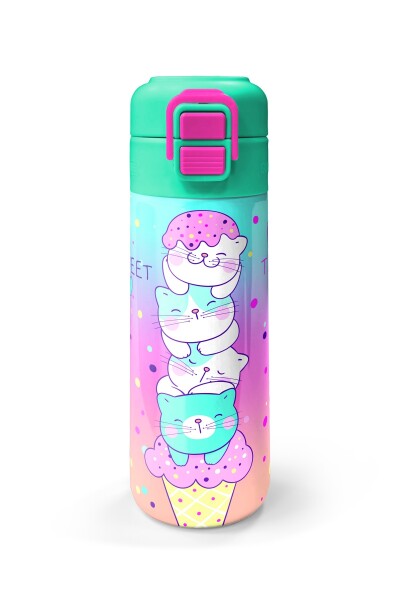 Coral High Kids Renkli Dondurmalı Kedi Desenli Pipetli ve Direkt İçim Çelik Termos 500 ml 31812 - 4