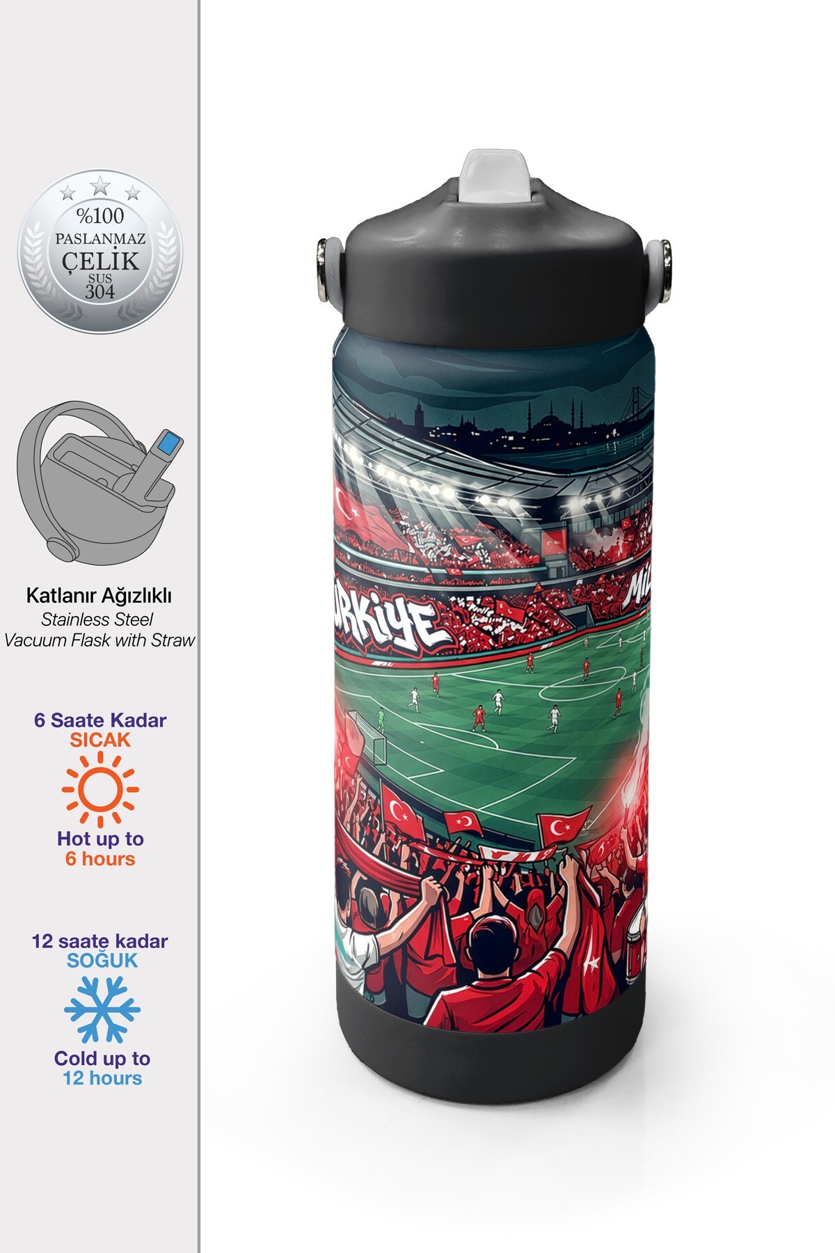Coral High Kırmızı Beyaz Milli Takım Desenli Pipetli ve Direkt İçim Çelik Termos 650 ml 38403