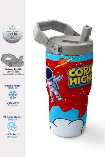Coral High Kırmızı Mavi Astronot Uzay Desenli Katlanır Ağızlıklı Çelik Termos 600 ml 38904 - 1