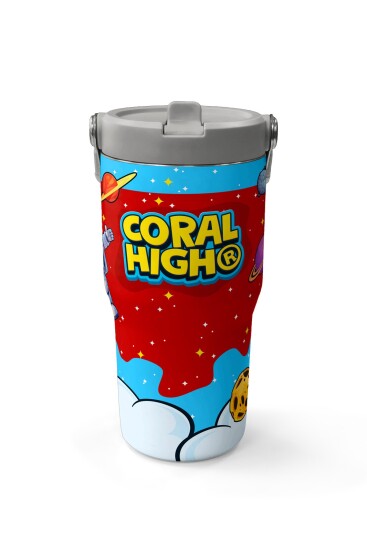 Coral High Kırmızı Mavi Astronot Uzay Desenli Katlanır Ağızlıklı Çelik Termos 600 ml 38904 - 2