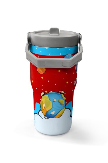 Coral High Kırmızı Mavi Astronot Uzay Desenli Katlanır Ağızlıklı Çelik Termos 600 ml 38904 - 5
