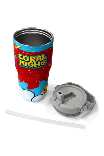 Coral High Kırmızı Mavi Astronot Uzay Desenli Katlanır Ağızlıklı Çelik Termos 600 ml 38904 - 8