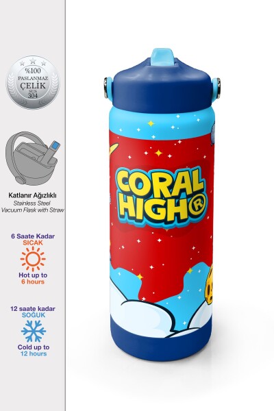 Coral High Kırmızı Mavi Astronot Uzay Desenli Katlanır Ağızlıklı Çelik Termos 650 ml 38327 - 1