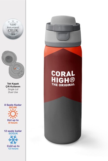 Coral High Koyu Gri Bordo Turuncu Desenli Pipetli ve Direkt İçim Çelik Termos 800 ml 38552 