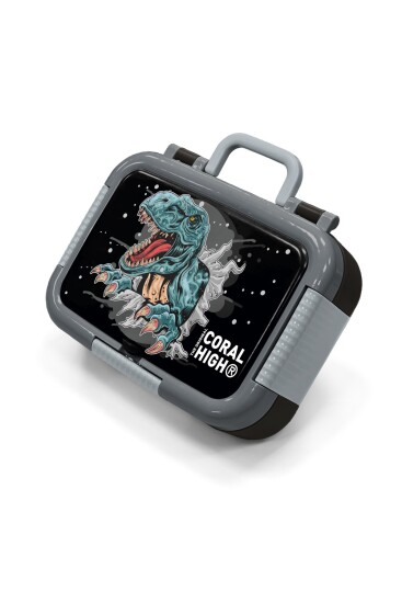 Coral High Koyu Gri Siyah Dinozor Desenli Paslanmaz Çelik Beslenme Kabı 39343 - 1