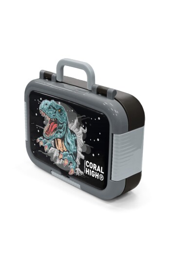 Coral High Koyu Gri Siyah Dinozor Desenli Paslanmaz Çelik Beslenme Kabı 39343 - 4
