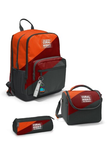 Coral High Koyu Gri Turuncu Bordo Renkli 3’lü Okul Çanta Seti SET0123692 