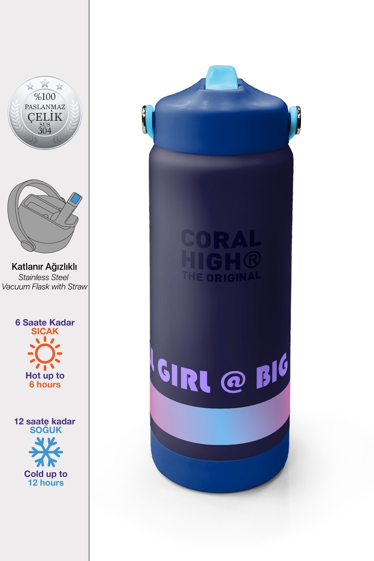 Coral High Koyu Lacivert Desenli Katlanır Ağızlıklı Çelik Termos 650 ml  38370