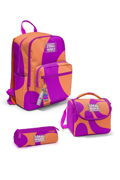Coral High Koyu Pembe Turuncu Desenli 3’lü Okul Çanta Seti SET0123684 - 1