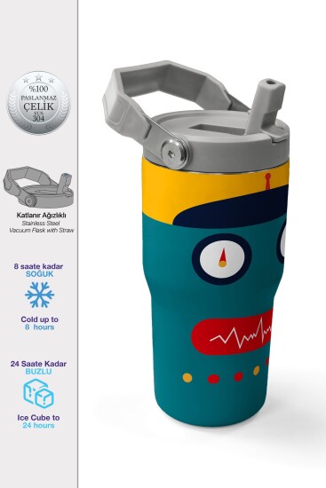 Coral High Lacivert Çivit Robot Desenli Katlanır Ağızlıklı Çelik Termos 600 ml 38918 - Coral High