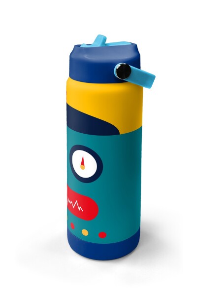Coral High Lacivert Çivit Robot Desenli Katlanır Ağızlıklı Çelik Termos 650 ml 38387 - 4
