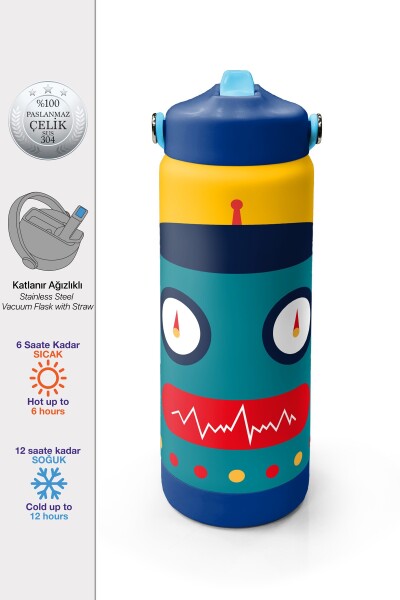 Coral High Lacivert Çivit Robot Desenli Katlanır Ağızlıklı Çelik Termos 650 ml 38387 - 1