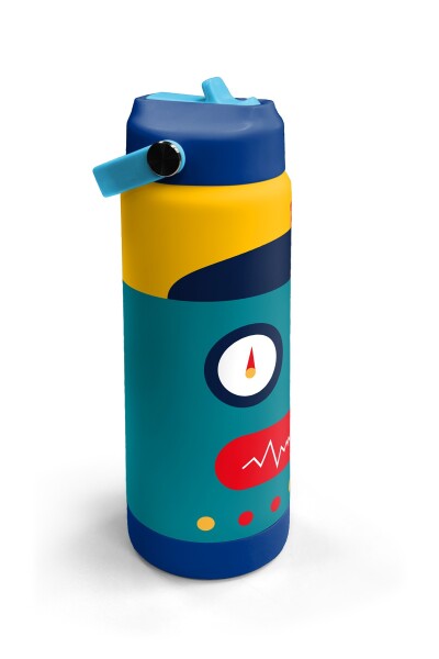 Coral High Lacivert Çivit Robot Desenli Katlanır Ağızlıklı Çelik Termos 650 ml 38387 - 3