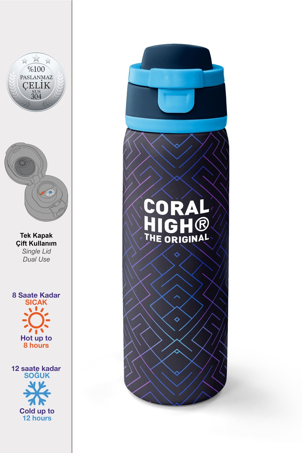 Coral High Lacivert Çizgi Desenli Pipetli ve Direkt İçim Çelik Termos 800 ml 38564