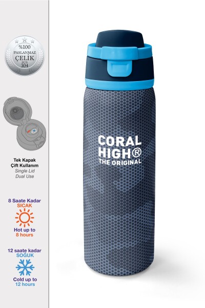 Coral High Lacivert Desenli Pipetli ve Direkt İçim Çelik Termos 800 ml 38580 - 1