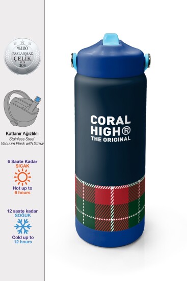 Coral High Lacivert Ekose Fiyonk Desenli Katlanır Ağızlıklı Çelik Termos 650 ml 38307 - 1