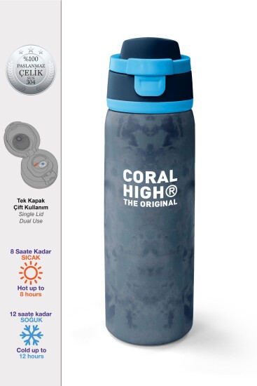 Coral High Lacivert Eskitme Desenli Pipetli ve Direkt İçim Çelik Termos 800 ml 38586 - Coral High