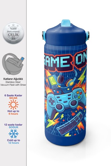 Coral High Lacivert Game Desenli Katlanır Ağızlıklı Çelik Termos 650 ml 38333 - Coral High