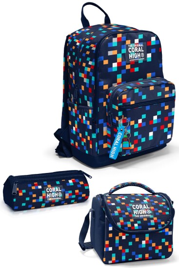 Coral High Lacivert Geometrik Desenli 3’lü Okul Çanta Seti SET0133235 - Coral High