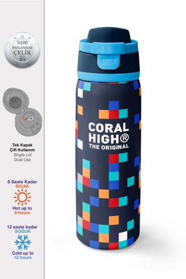 Coral High Lacivert Geometrik Desenli Pipetli ve Direkt İçim Çelik Termos 800 ml 38513 - Coral High