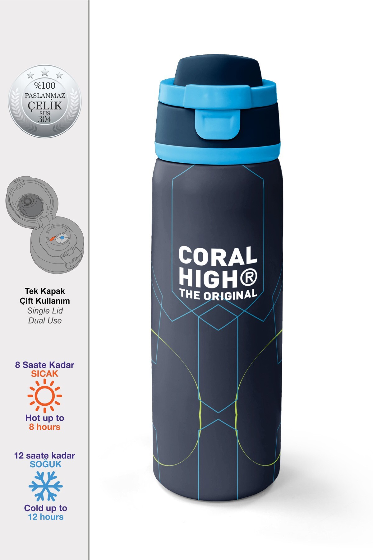 Coral High Lacivert Geometrik Desenli Pipetli ve Direkt İçim Çelik Termos 800 ml 38573