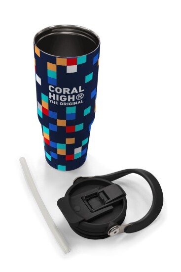 Coral High Lacivert Geometrik Desenli Pipetli ve Direkt İçim Çelik Termos 900 ml 38707 - 8