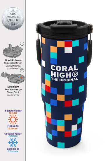 Coral High Lacivert Geometrik Desenli Pipetli ve Direkt İçim Çelik Termos 900 ml 38707 