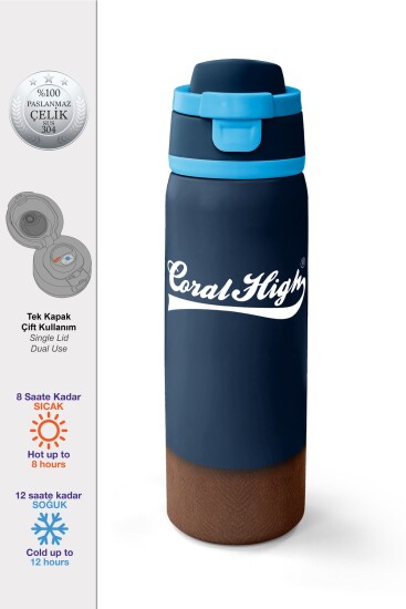Coral High Lacivert Kahverengi Pipetli ve Direkt İçim Çelik Termos 800 ml 38514 