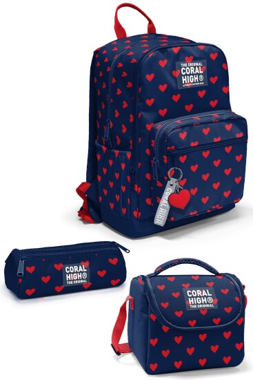 Coral High Lacivert Kırmızı Kalp Desenli 3’lü Okul Çanta Seti SET0133229 