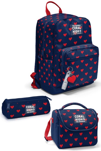 Coral High Lacivert Kırmızı Kalp Desenli 3’lü Okul Çanta Seti SET0133229 - 1