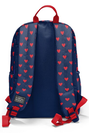 Coral High Lacivert Kırmızı Kalp Desenli Okul Sırt Çantası 33229 - 2