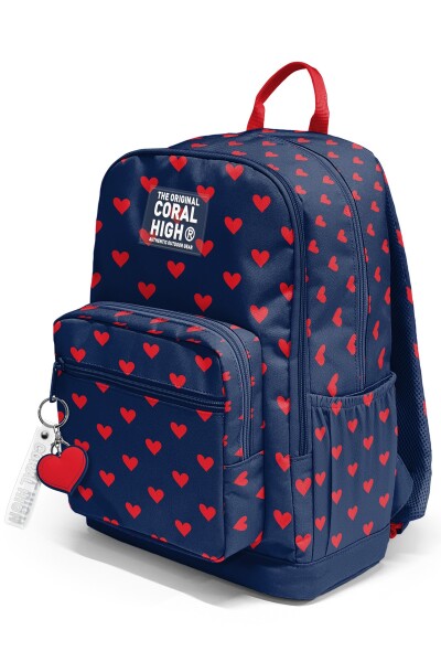 Coral High Lacivert Kırmızı Kalp Desenli Okul Sırt Çantası 33229 - 7