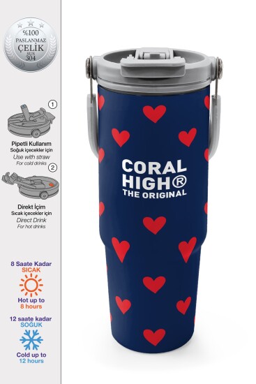 Coral High Lacivert Kırmızı Kalp Desenli Pipetli ve Direkt İçim Çelik Termos 900 ml 38705 - 1
