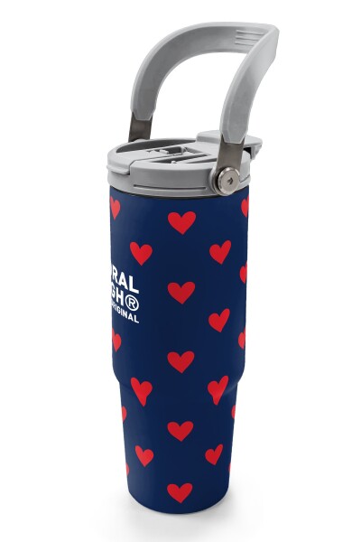 Coral High Lacivert Kırmızı Kalp Desenli Pipetli ve Direkt İçim Çelik Termos 900 ml 38705 - 4