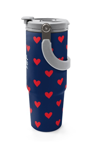 Coral High Lacivert Kırmızı Kalp Desenli Pipetli ve Direkt İçim Çelik Termos 900 ml 38705 - 5