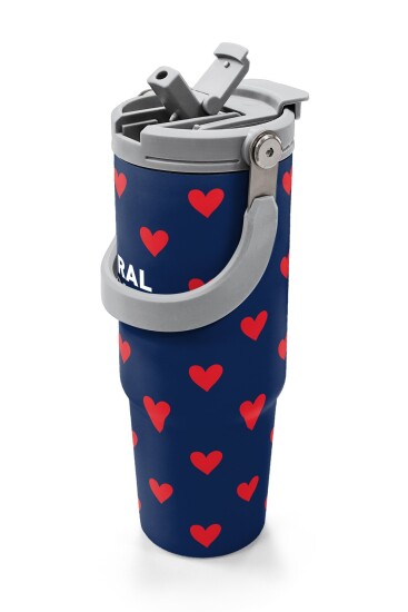 Coral High Lacivert Kırmızı Kalp Desenli Pipetli ve Direkt İçim Çelik Termos 900 ml 38705 - 2