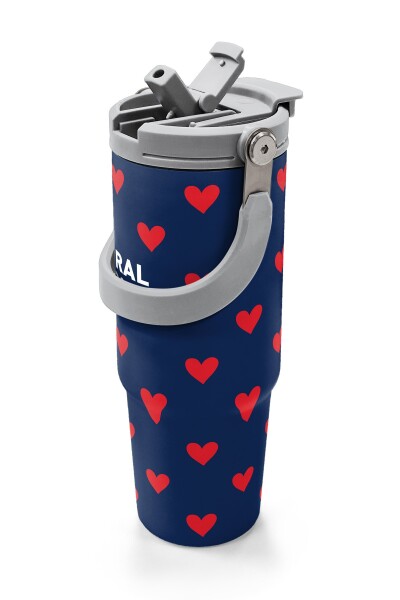 Coral High Lacivert Kırmızı Kalp Desenli Pipetli ve Direkt İçim Çelik Termos 900 ml 38705 - 2