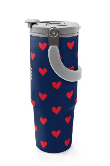 Coral High Lacivert Kırmızı Kalp Desenli Pipetli ve Direkt İçim Çelik Termos 900 ml 38705 - 5