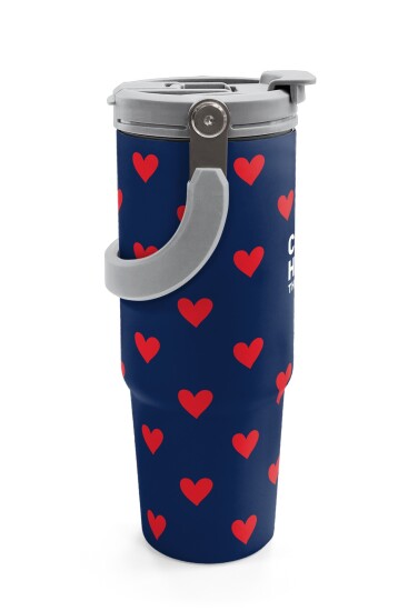 Coral High Lacivert Kırmızı Kalp Desenli Pipetli ve Direkt İçim Çelik Termos 900 ml 38705 - 6