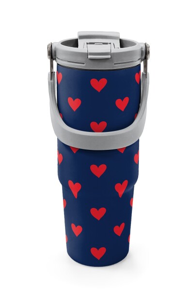 Coral High Lacivert Kırmızı Kalp Desenli Pipetli ve Direkt İçim Çelik Termos 900 ml 38705 - 7
