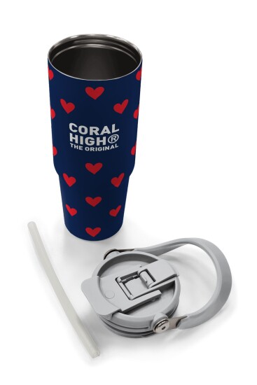 Coral High Lacivert Kırmızı Kalp Desenli Pipetli ve Direkt İçim Çelik Termos 900 ml 38705 - 8