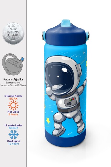 Coral High Lacivert Mavi Astronot Desenli Katlanır Ağızlıklı Çelik Termos 650 ml 38389 - Coral High