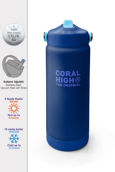 Coral High Lacivert Mavi Desenli Katlanır Ağızlıklı Çelik Termos 650 ml 38358 - Coral High