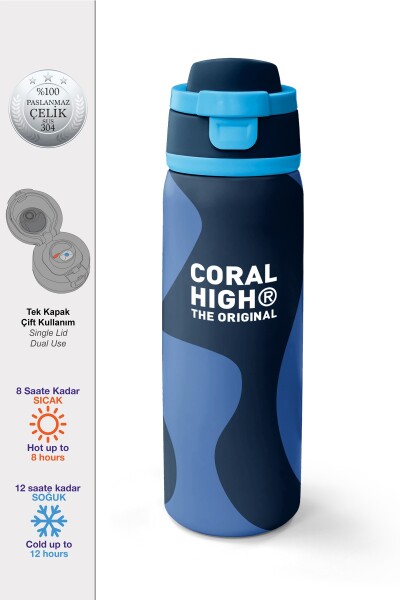 Coral High Lacivert Mavi Desenli Pipetli ve Direkt İçim Çelik Termos 800 ml 38548 - 1
