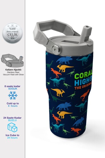 Coral High Lacivert Mavi Dinozor Desenli Katlanır Ağızlıklı Çelik Termos 600ml 38920 