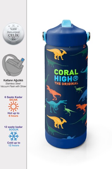 Coral High Lacivert Mavi Dinozor Desenli Katlanır Ağızlıklı Çelik Termos 650 ml 38386 