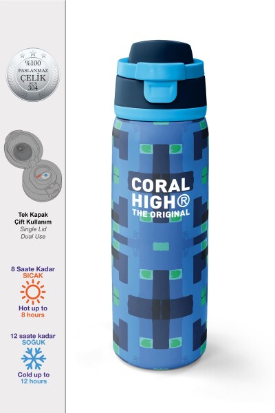 Coral High Lacivert Mavi Renkli Desenli Pipetli ve Direkt İçim Çelik Termos 800 ml 38568 - 1
