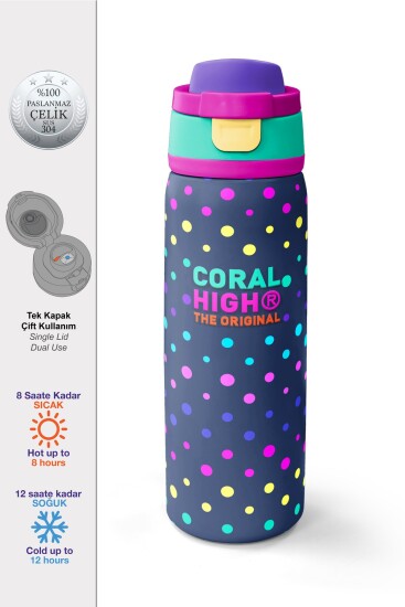 Coral High Lacivert Puantiyeli Desenli Pipetli ve Direkt İçim Çelik Termos 800 ml 38534 