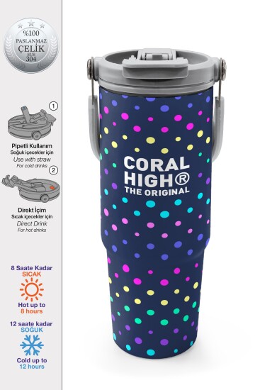 Coral High Lacivert Puantiyeli Desenli Pipetli ve Direkt İçim Çelik Termos 900 ml 38714 